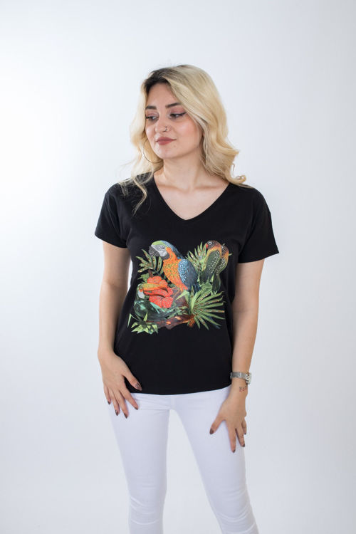 1004 Papağan Taş İşlemeli Tshirt resmi