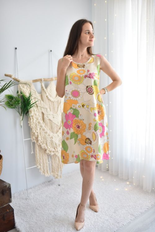 3028 Desenli Keten Elbise resmi