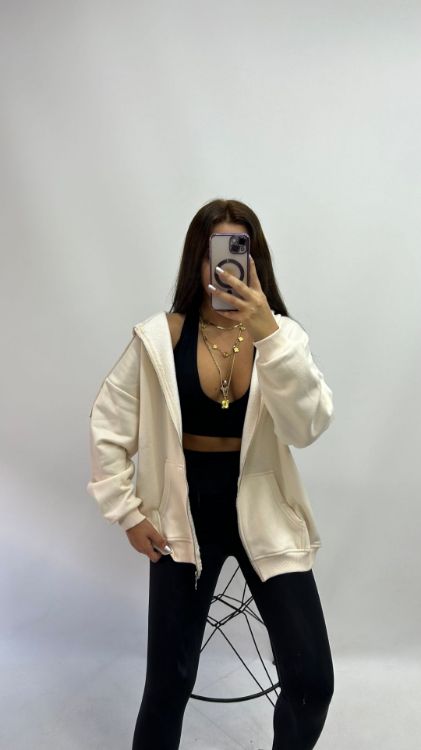 Kapüşonlu Fermuarlı Oversize Kesim Polar Bej Hırka W0008672 resmi