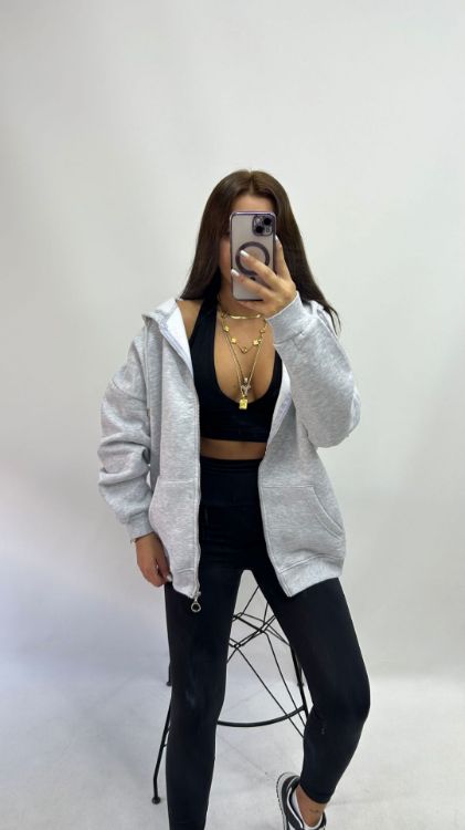 Kapüşonlu Fermuarlı Oversize Kesim Polar Gri Hırka W0008672 resmi