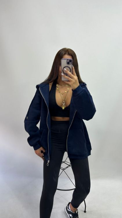 Kapüşonlu Fermuarlı Oversize Kesim Polar Lacivert Hırka W0008672  resmi