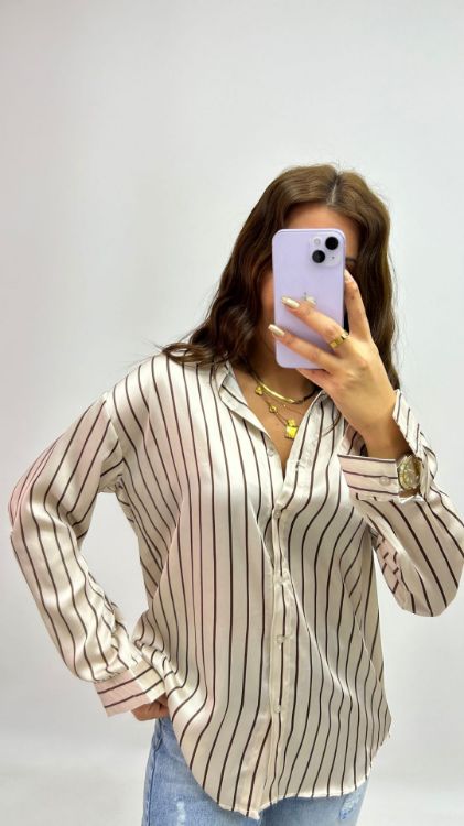 Kahverengi Çizgili Saten Gömlek 2761 resmi