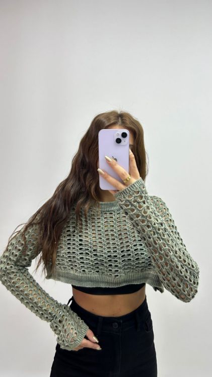 Delikli Haki Crop Triko 3965 resmi