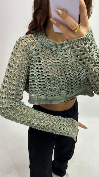 Delikli Haki Crop Triko 3965 resmi