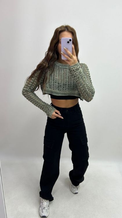 Delikli Haki Crop Triko 3965 resmi