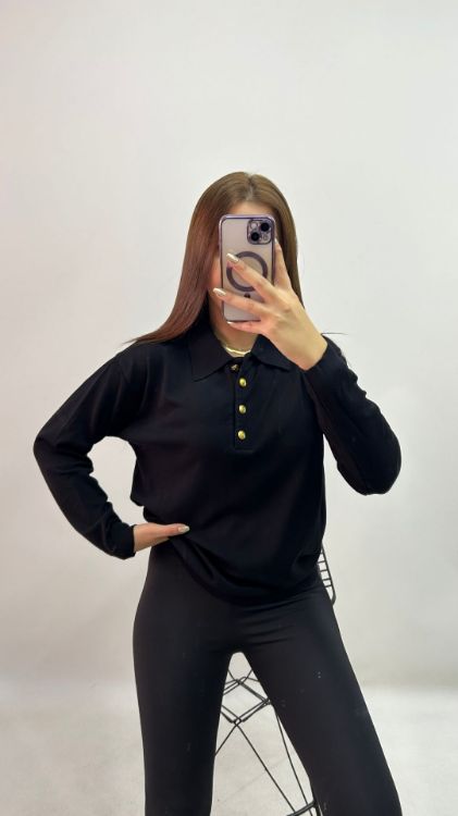 Polo Yaka Düğmeli Siyah Merserize Bluz 768 resmi