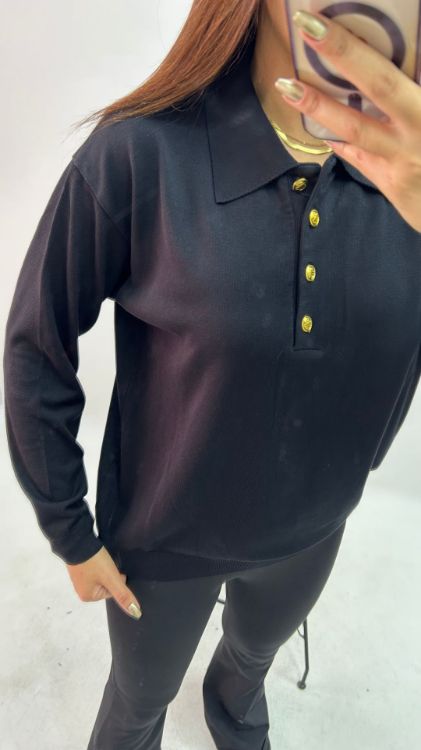 Polo Yaka Düğmeli Siyah Merserize Bluz 768 resmi