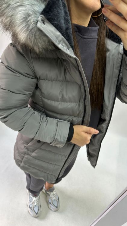 Suni Kürklü Çıkabilir Kapüşonlu Şişme Gri Kaban YASMİN resmi