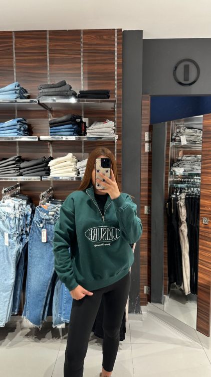 Fermuar Detay İçi Polarlı Sweat-Yeşil W0011080  resmi