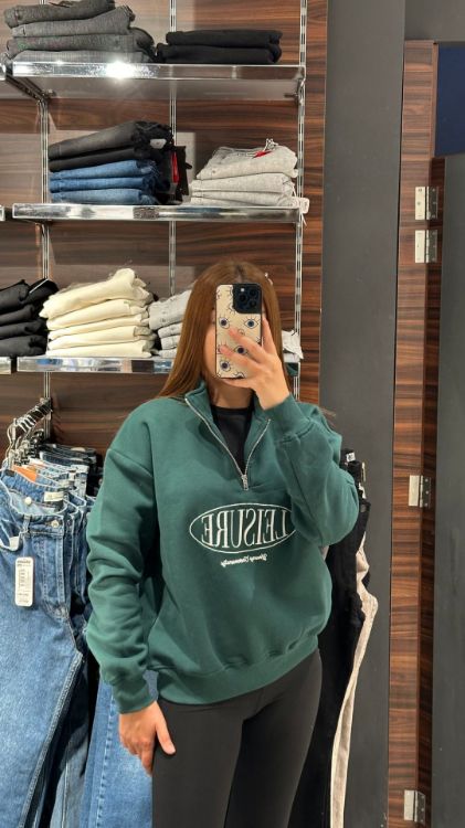 Fermuar Detay İçi Polarlı Sweat-Yeşil W0011080  resmi