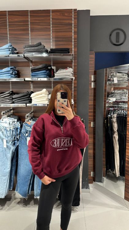 Fermuar Detay İçi Polarlı Sweat-Bordo W0011080  resmi