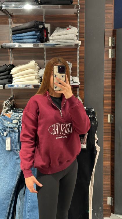 Fermuar Detay İçi Polarlı Sweat-Bordo W0011080  resmi