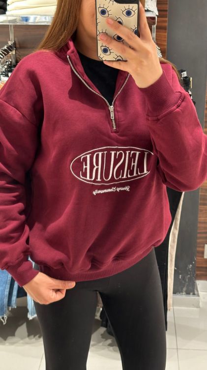 Fermuar Detay İçi Polarlı Sweat-Bordo W0011080  resmi