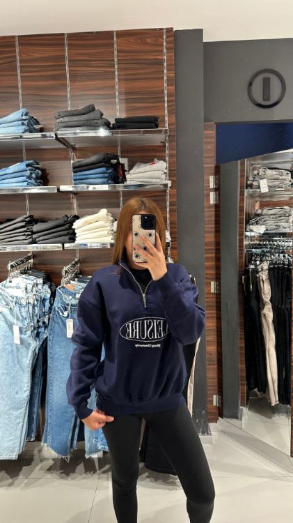 Fermuar Detay İçi Polarlı Sweat-Lacivert W0011080  resmi