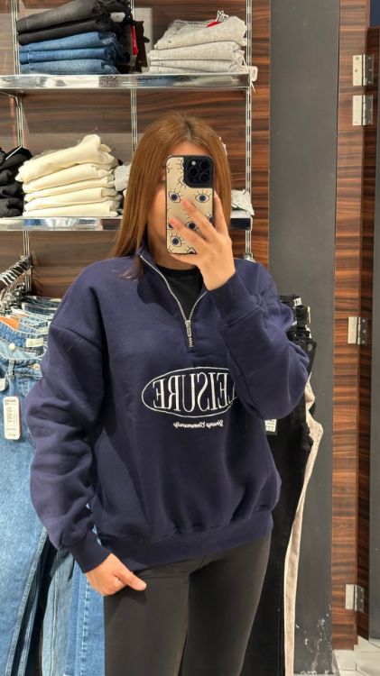 Fermuar Detay İçi Polarlı Sweat-Lacivert W0011080  resmi