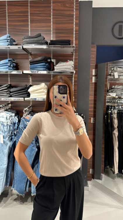 Bisiklet Yaka Arkası Düğmeli Kısa Kol Bluz-Bej 10426 resmi