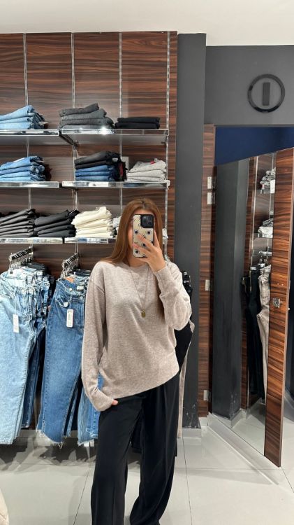Bisiklet Yaka Basic Triko Kazak-Vizon 10633 resmi