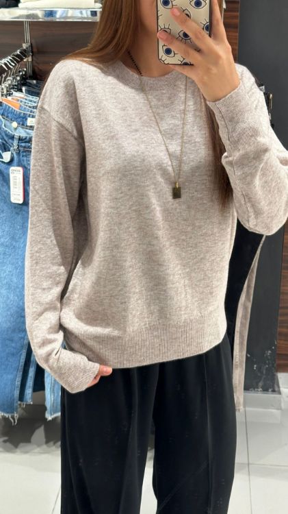 Bisiklet Yaka Basic Triko Kazak-Vizon 10633 resmi