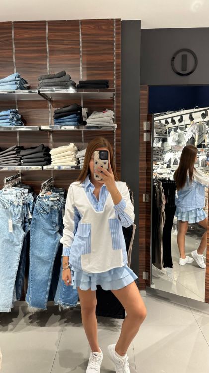 Cep Detay Gömlek Yaka Bluz-Mavi 28996 resmi