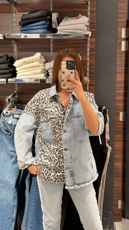 Leopar Desenli Kot Ceket-Mavi 2741 resmi