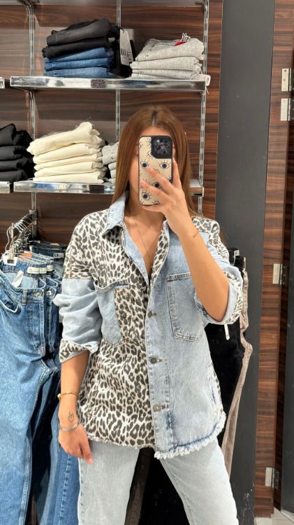 Leopar Desenli Kot Ceket-Mavi 2741 resmi