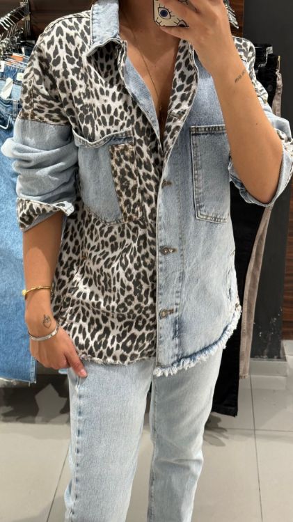 Leopar Desenli Kot Ceket-Mavi 2741 resmi