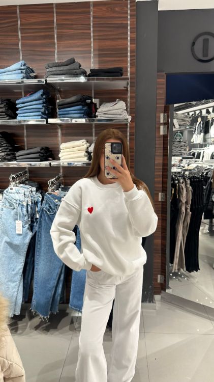 Bisiklet Yaka Kalpli Sweat-Beyaz 4189 resmi