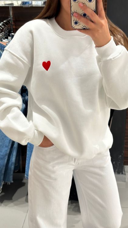 Bisiklet Yaka Kalpli Sweat-Beyaz 4189 resmi
