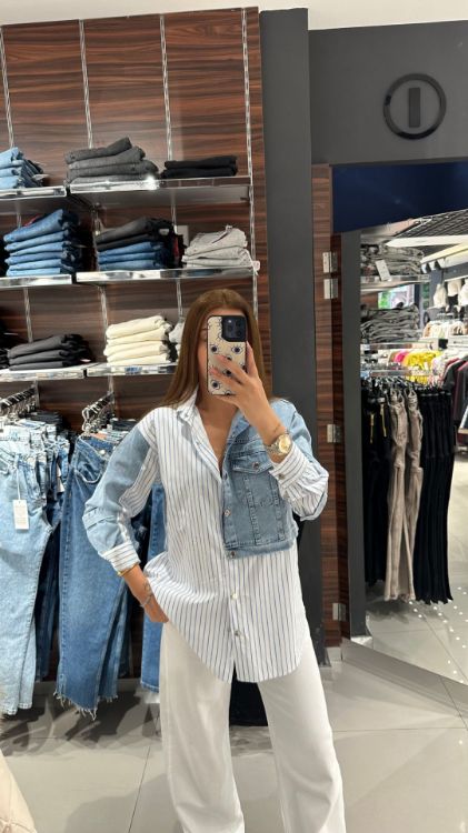 Kot Detay Çizgili Gömlek-Beyaz 37764 resmi