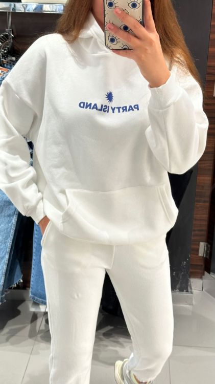 Kapüşonlu Baskılı Sweat-Beyaz W0011185 resmi