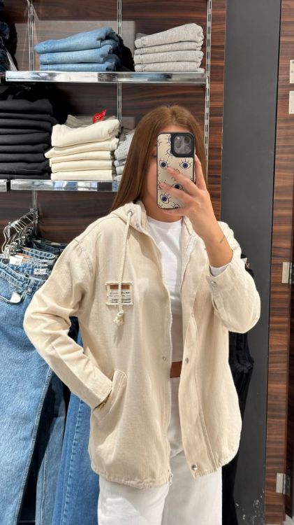 Kapüşonlu Keten Ceket-Bej 3939 resmi