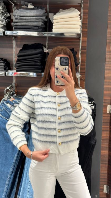 Şardonlu İnce Çizgili Hırka-Krem TH231096 resmi