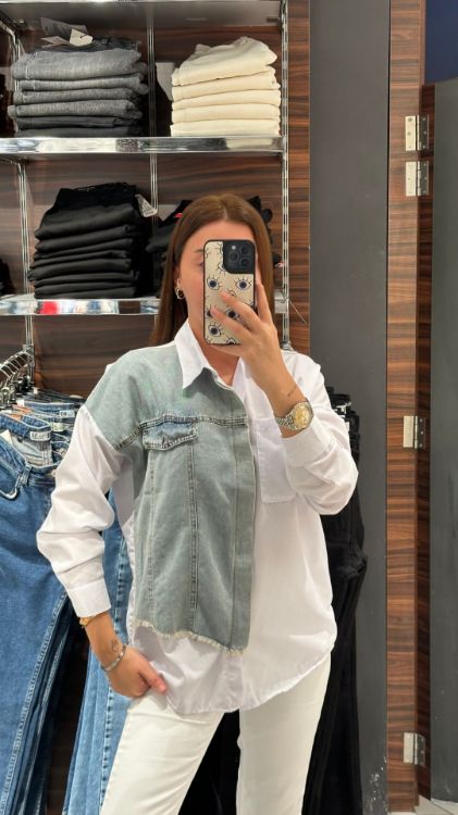 Açık Renk Kot Detay Gömlek-Beyaz 2756 resmi