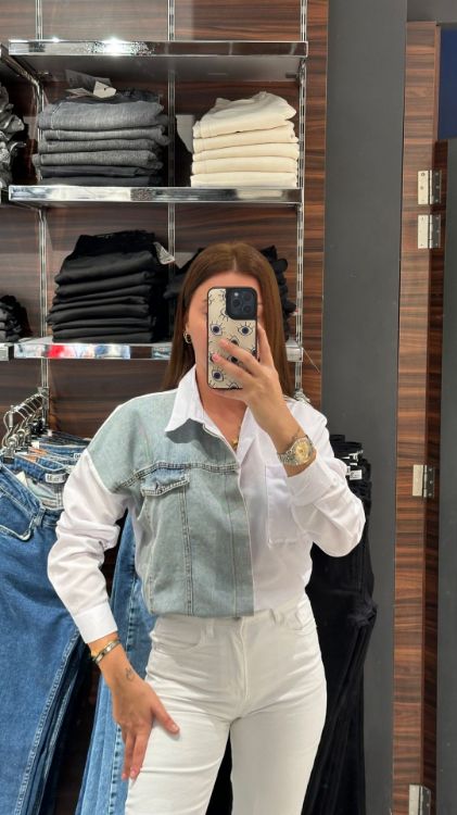 Açık Renk Kot Detay Gömlek-Beyaz 2756 resmi