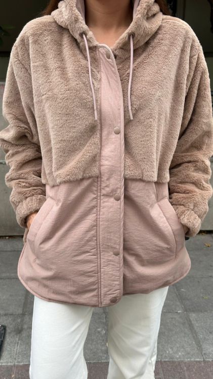 Kapüşonlu Peluş Detay Mont-Camel Alara25 resmi