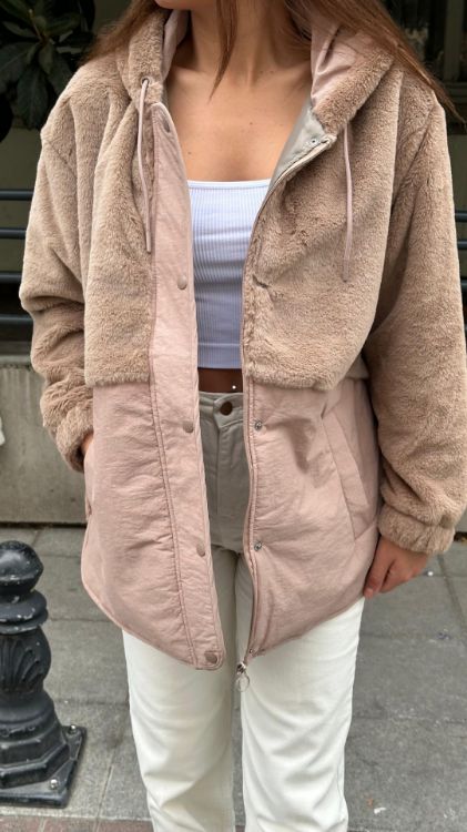 Kapüşonlu Peluş Detay Mont-Camel Alara25 resmi