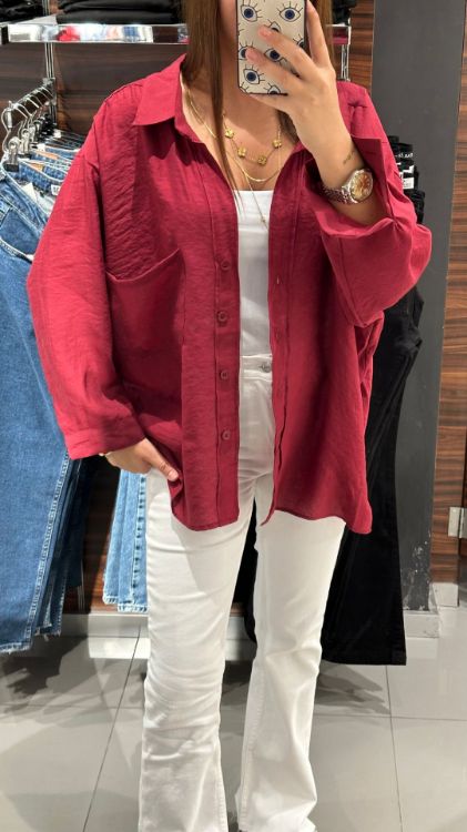 Oversize Tensel Kumaş Gömlek-Bordo 4612 resmi