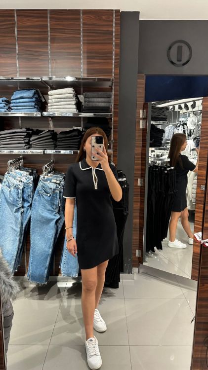 Polo Yaka Triko Elbise-Siyah 90168 resmi