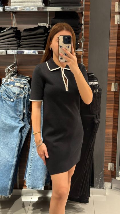 Polo Yaka Triko Elbise-Siyah 90168 resmi