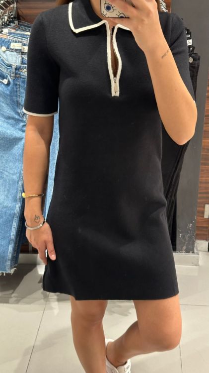 Polo Yaka Triko Elbise-Siyah 90168 resmi
