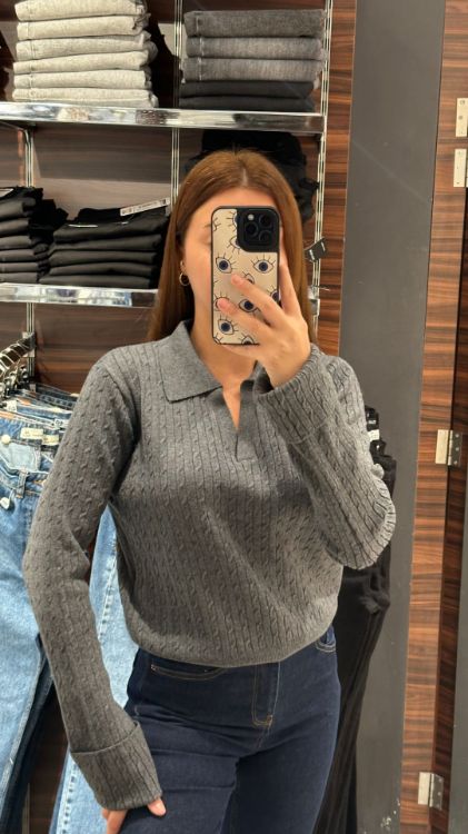 Polo Yaka Saç Örgü Triko-Gri 10638 resmi