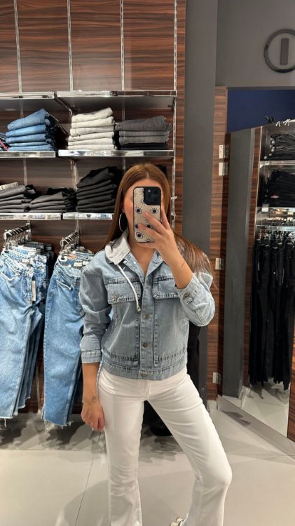 Kapüşonlu Kot Ceket-Mavi 1023 resmi