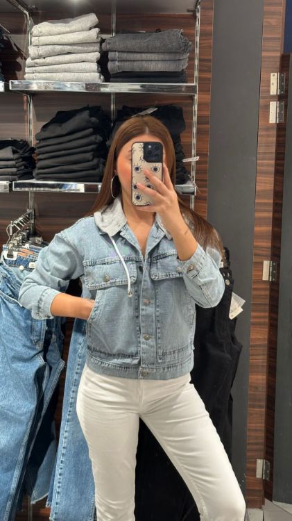 Kapüşonlu Kot Ceket-Mavi 1023 resmi