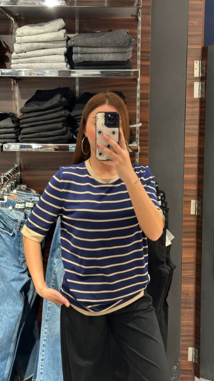 Bisiklet Yaka Çizgili Merserize Bluz-Lacivert 814 resmi