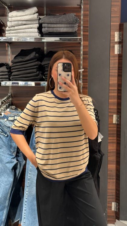 Bisiklet Yaka Çizgili Merserize Bluz-Camel 814 resmi