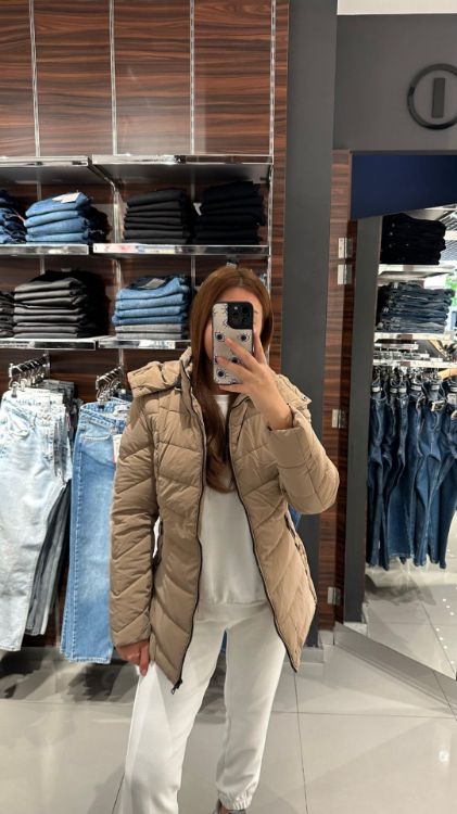 Kapüşonlu Yanları Çıtçıtlı Şişme Mont-Kahverengi Mana25 resmi