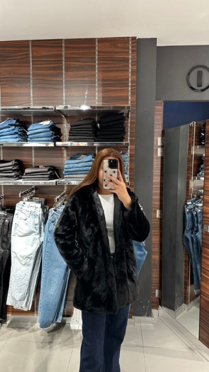 Kapüşonlu Peluş Mont-Siyah K-01 resmi