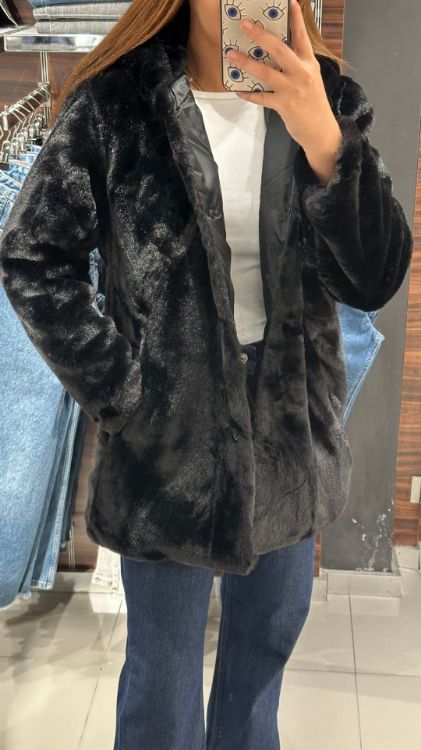Kapüşonlu Peluş Mont-Siyah K-01 resmi