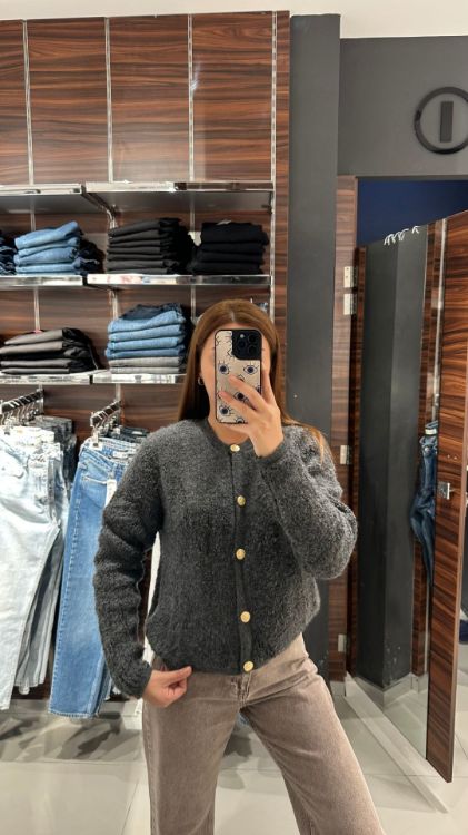 Gold Düğmeli Teddy Hırka-Gri 371 resmi