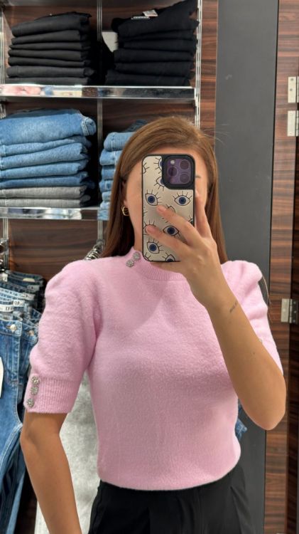 Kolları Taş Detay Kısa Kol Kazak-Pembe 10295 resmi